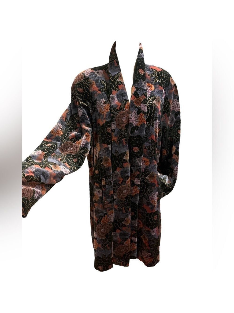 80s FLORAL OVERSIZED SWING COAT WATER REPELLENT COTTON VELVET DARK ROMANCE M - Picture 3 of 11